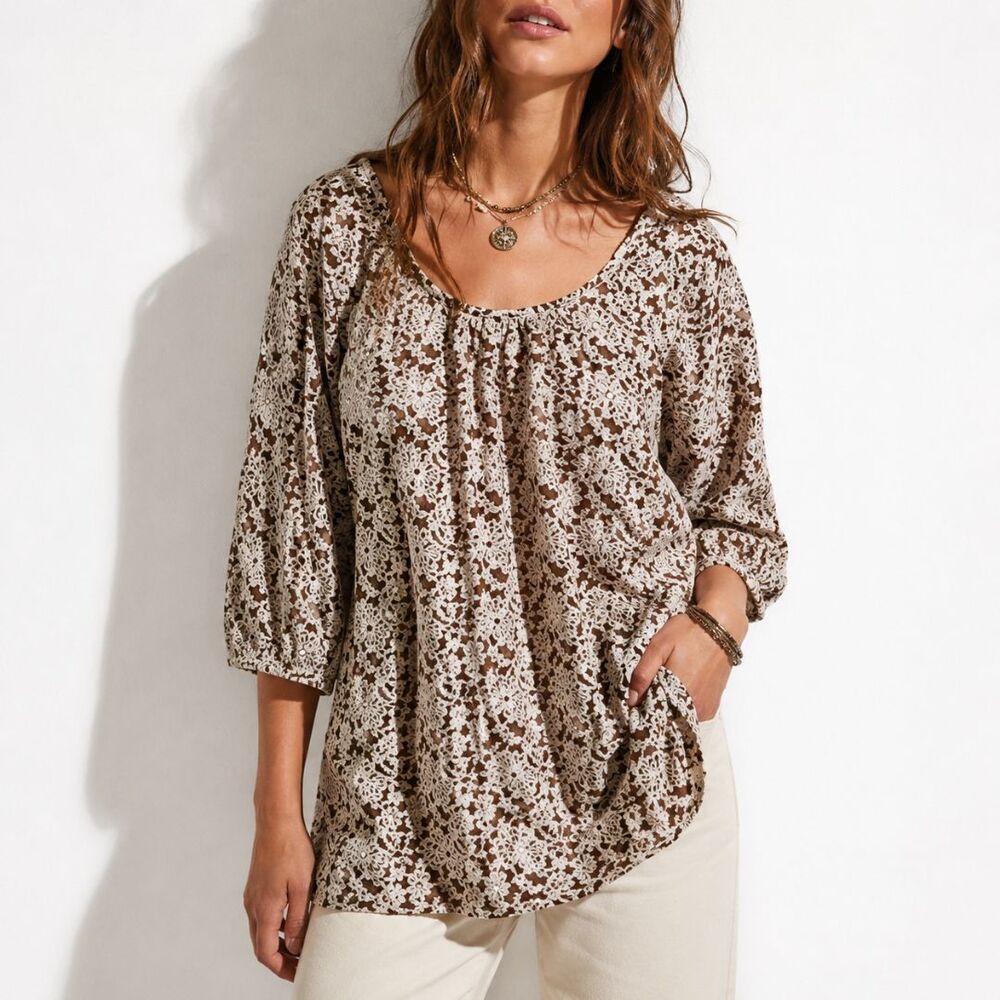 NWT Small Brown Ivory Sheer Floral Lace Tunic Top 3/4 Sleeve Boho Romantic
